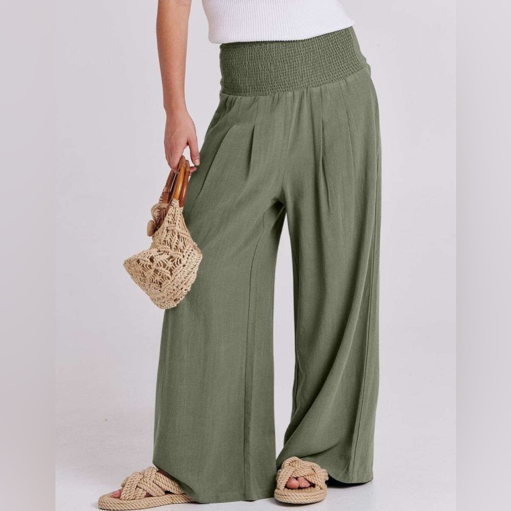 Anrabess Linen Blend Wide Leg High Waist Palazzo Pants Size S